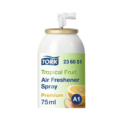 A 75ml can of Tork Tropical Fruit Air Freshener Spray, featuring a white bottle with a gold cap and a green and white label, shown on a plain white background.