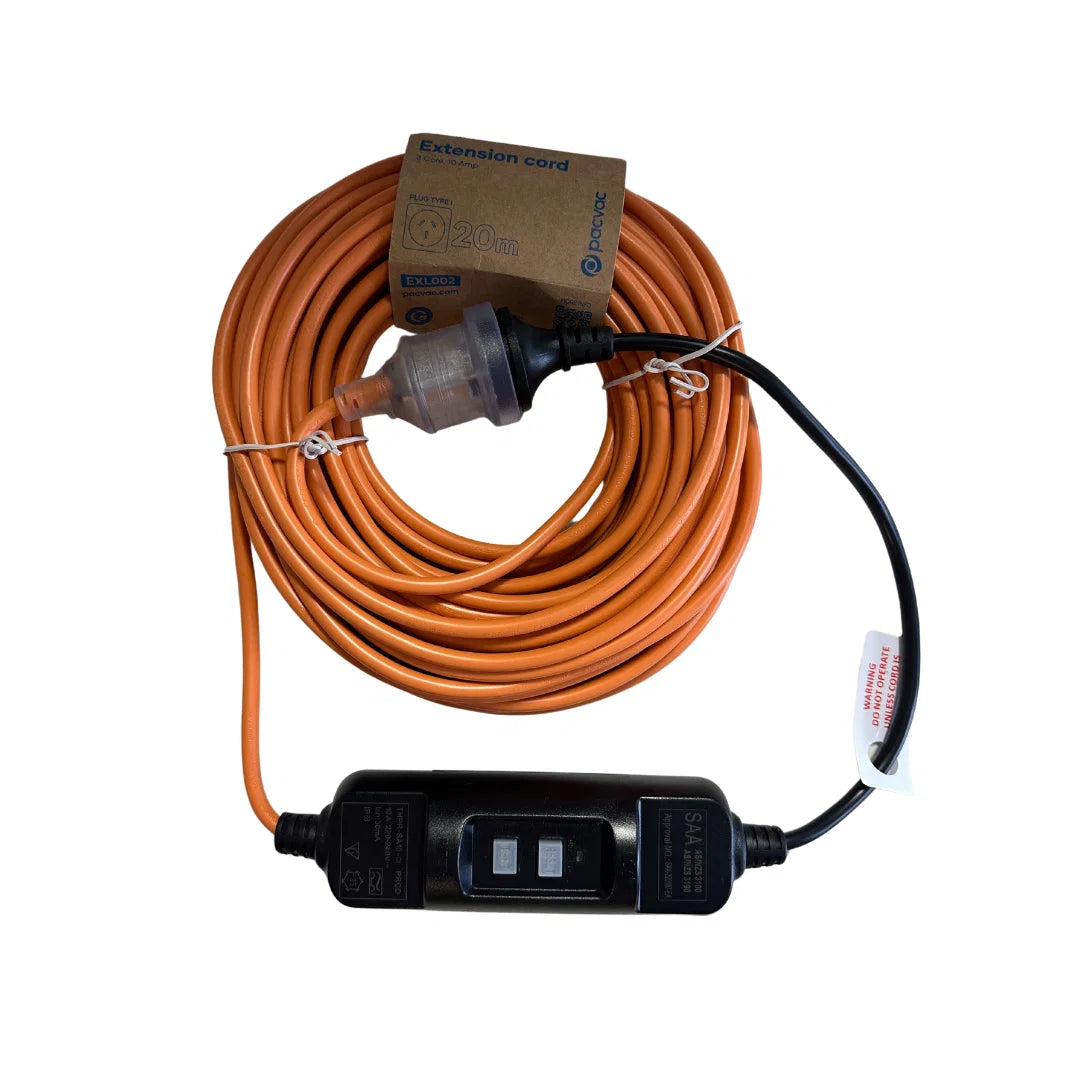 Pacvac Extension Lead 20m 3C Plug Type I with RCD - Hard Wired - Inline