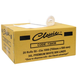 Classic Bin Liners White Rolls 36L Carton 1000