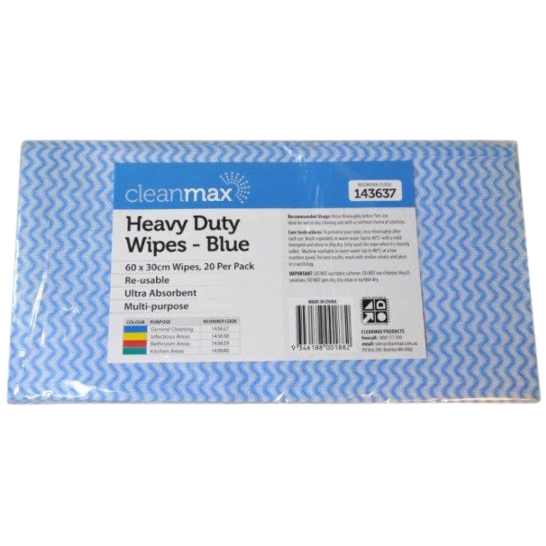 Cleanmax Heavy Duty Wipes 60cm x 30cm Pack 20 - Blue, Yellow, Red, Green