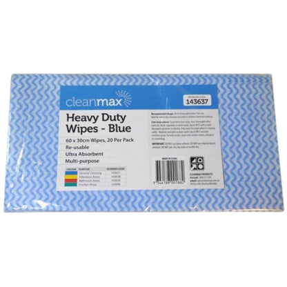 Cleanmax Heavy Duty Wipes 60cm x 30cm Pack 20 - Blue, Yellow, Red, Green
