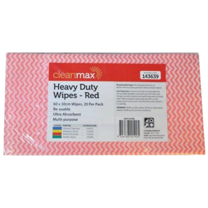 Cleanmax Heavy Duty Wipes 60cm x 30cm Pack 20 - Blue, Yellow, Red, Green
