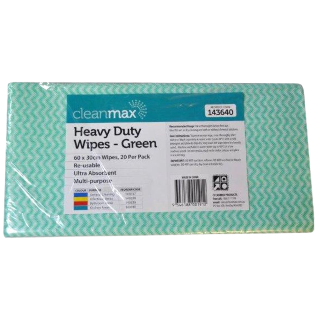 Cleanmax Heavy Duty Wipes 60cm x 30cm Pack 20 - Blue, Yellow, Red, Green