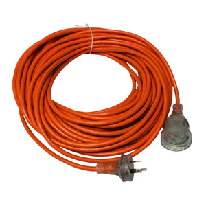 An orange extension cord coiled in a circle with two heavy-duty industrial outlets, shown on a plain white background.