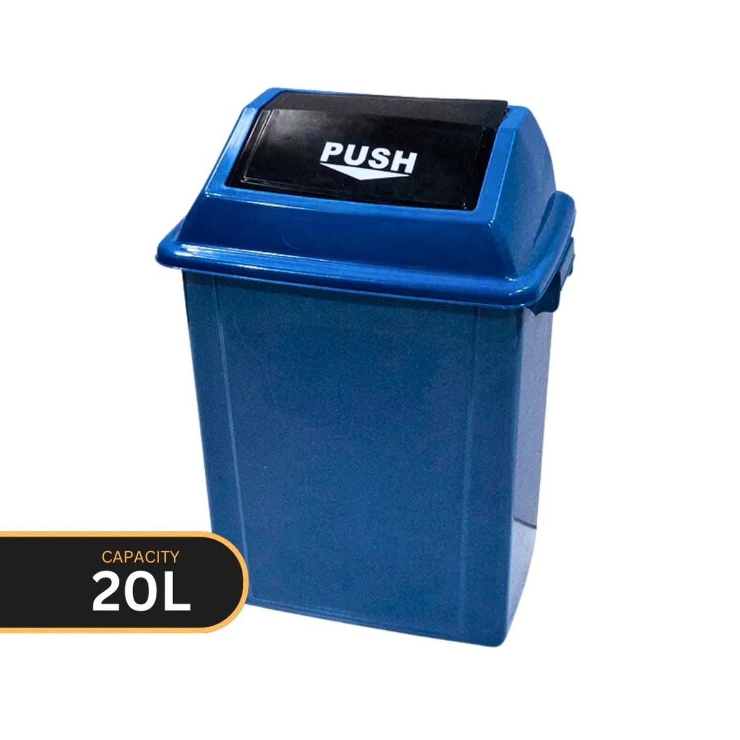 A blue plastic 20L trash can with a hinged lid and a black top panel featuring the white text 'PUSH'. A black banner in the bottom-left corner displays 'CAPACITY 20L' in white text.
