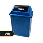 A blue plastic 20L trash can with a hinged lid and a black top panel featuring the white text 'PUSH'. A black banner in the bottom-left corner displays 'CAPACITY 20L' in white text.