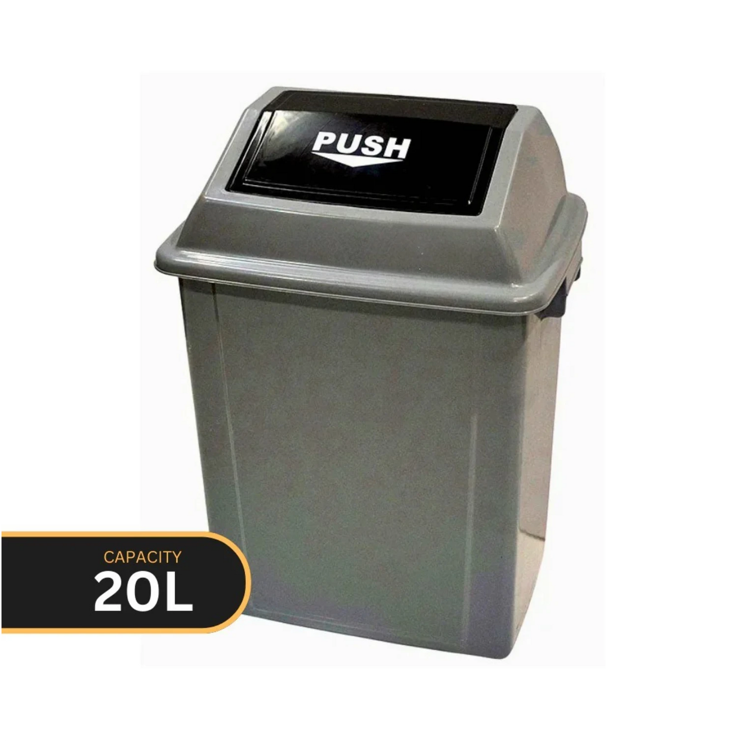 A 20L gray push-to-open trash can with a black lid flap featuring the white 'PUSH' text, shown on a white background with a black and gold 'CAPACITY 20L' label overlay in the bottom left.