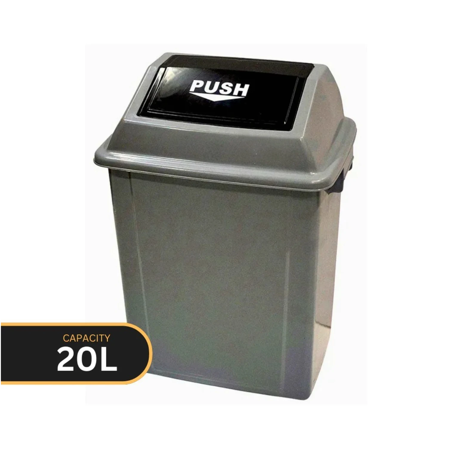 A 20L gray push-to-open trash can with a black lid flap featuring the white 'PUSH' text, shown on a white background with a black and gold 'CAPACITY 20L' label overlay in the bottom left.