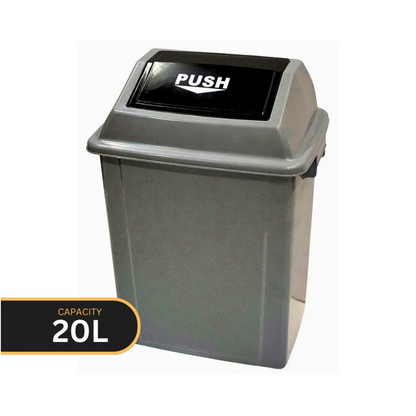 A 20L gray push-to-open trash can with a black lid flap featuring the white 'PUSH' text, shown on a white background with a black and gold 'CAPACITY 20L' label overlay in the bottom left.