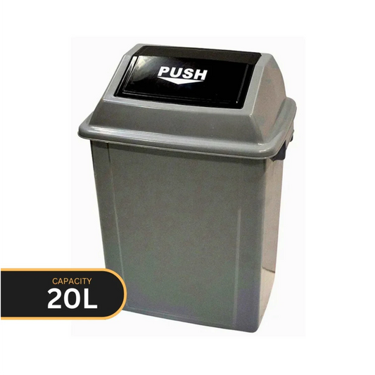A 20L gray push-to-open trash can with a black lid flap featuring the white 'PUSH' text, shown on a white background with a black and gold 'CAPACITY 20L' label overlay in the bottom left.