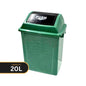 A 20L green plastic push-top trash can with a black lid panel featuring the word 'PUSH' in white. A black graphic overlay in the bottom-left corner reads 'CAPACITY 20L'.
