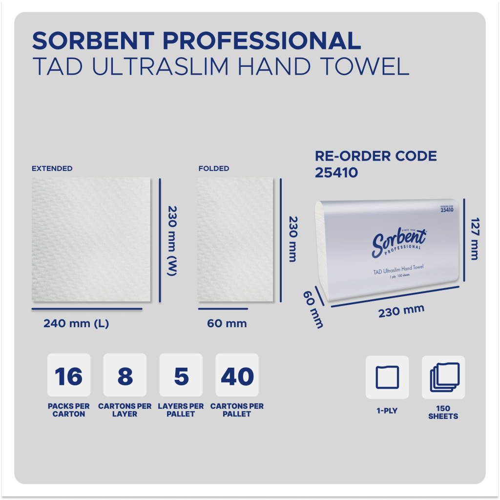 Sorbent Ultraslim TAD Towel 1ply 150 sheets