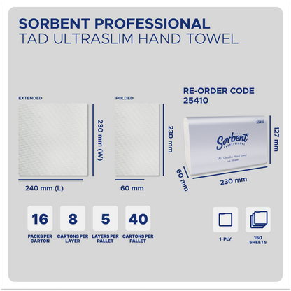 Sorbent Ultraslim TAD Towel 1ply 150 sheets