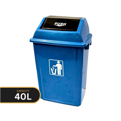 A blue 40L plastic trash can with a hinged lid and a black top panel labeled 'PUSH'. A white icon on the front indicates a recycling symbol.
