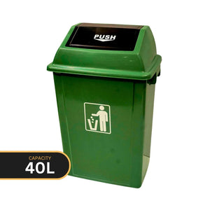 A green plastic 40L waste bin with a hinged lid and a black push flap, featuring a white icon of a person disposing of trash. A black banner overlay at the bottom left reads 'CAPACITY 40L'.