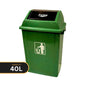 A green plastic 40L waste bin with a hinged lid and a black push flap, featuring a white icon of a person disposing of trash. A black banner overlay at the bottom left reads 'CAPACITY 40L'.