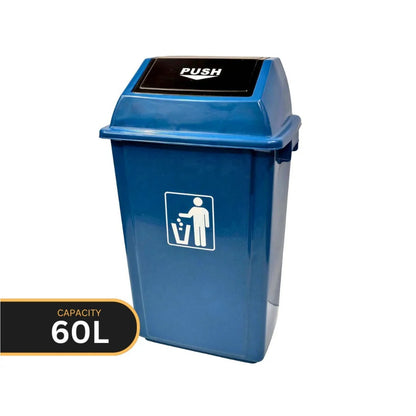 A blue 60L plastic trash can with a hinged lid labeled 'PUSH' and a white icon on the front indicating bin disposal, shown on a white background with a black capacity badge overlay.