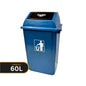 A blue 60L plastic trash can with a hinged lid labeled 'PUSH' and a white icon on the front indicating bin disposal, shown on a white background with a black capacity badge overlay.
