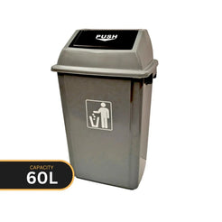 A 60-liter gray plastic trash can with a hinged lid and a black push flap, featuring a white recycling symbol on the front, shown on a white background with a 'CAPACITY 60L' label overlay.