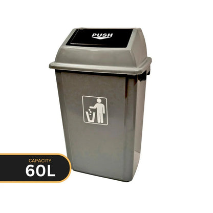 A 60-liter gray plastic trash can with a hinged lid and a black push flap, featuring a white recycling symbol on the front, shown on a white background with a 'CAPACITY 60L' label overlay.