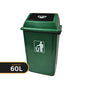 A green 60-liter plastic trash bin with a hinged lid labeled 'PUSH' and a white recycling symbol on the front, shown on a white background with a black capacity badge overlay.