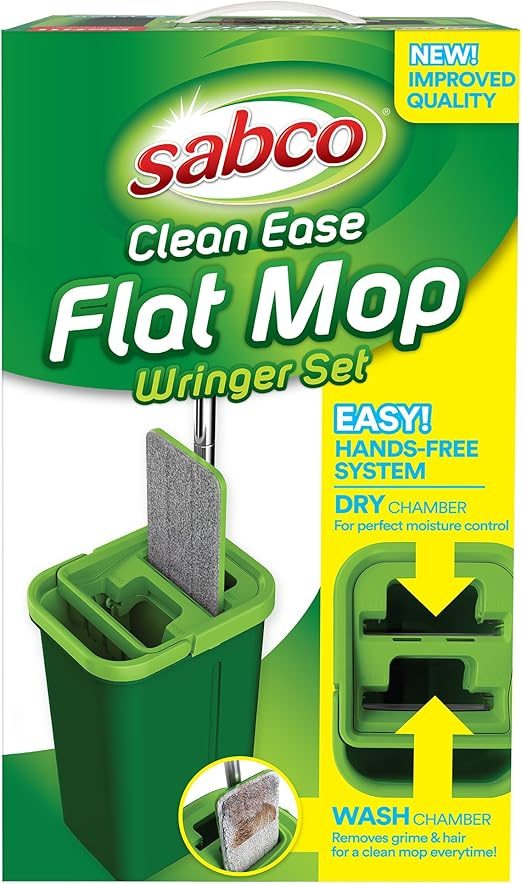 Sabco Clean Ease Professional Flat Mop Set, Dual Chamber Bucket with Hands-Free Wringer, Microfiber, Green