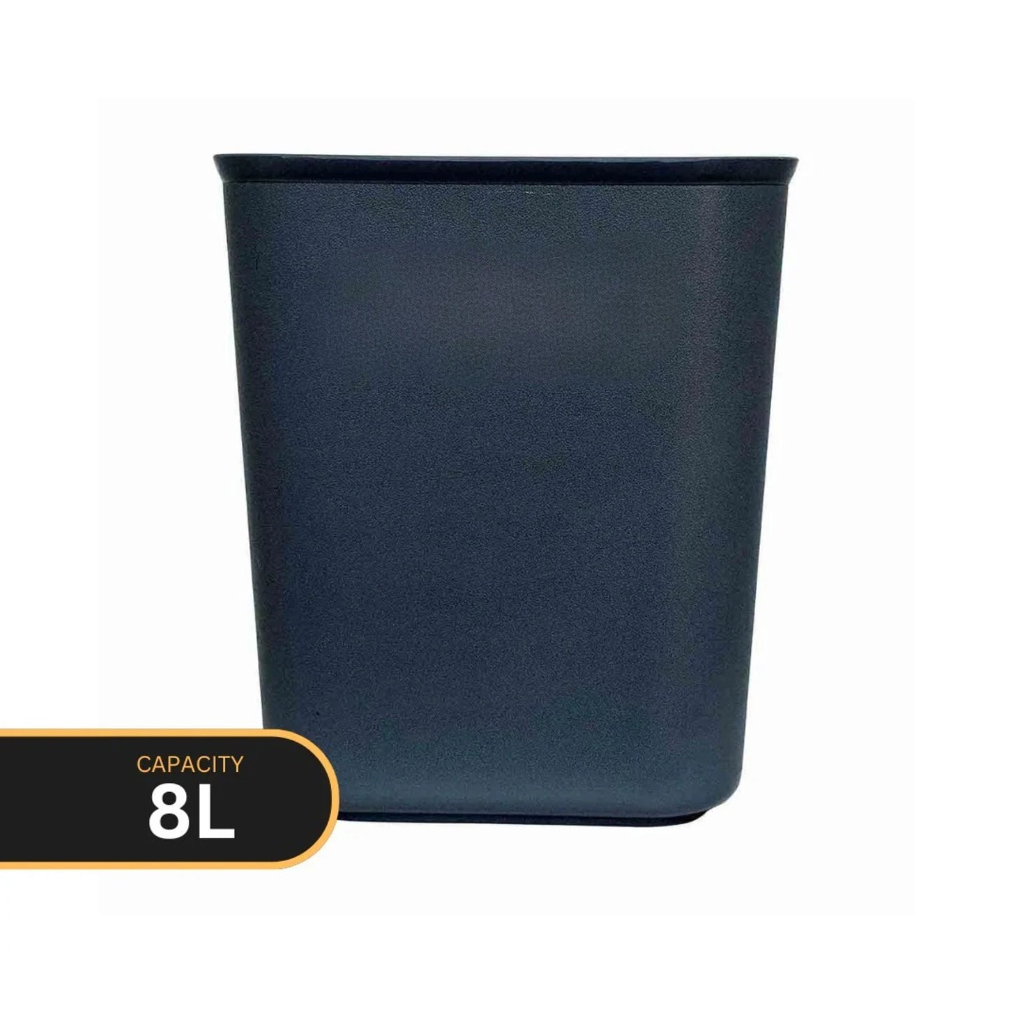 A dark navy blue rectangular trash can or waste bin with a matte finish, shown on a white background with a black and gold 'CAPACITY 8L' label overlay in the bottom left corner.