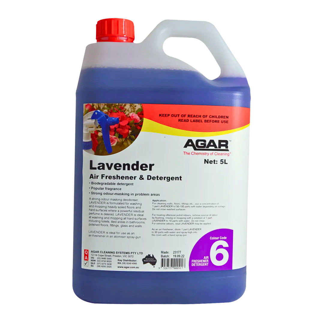 A 5-liter plastic jug of Agar Lavender Air Freshener & Detergent with a red cap and white handle, containing a blue liquid, on a white background.