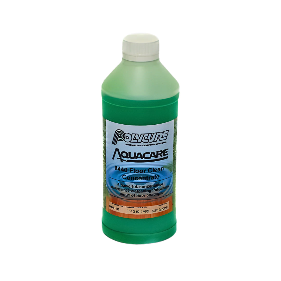 A bottle of Polynure Aquacare 8440 Floor Cleanse Concentrate, featuring a translucent green bottle with a white cap and a white, blue, and orange label, set against a plain white background.