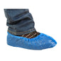 A blue disposable plastic shoe cover worn on a foot, shown with blue jeans and striped socks against a plain white background.