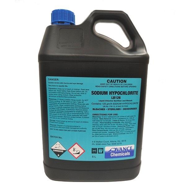 Sodium Hypochlorite 12.5% Bleach Sterlises Deodorises 5Lt