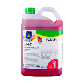 A 5-liter plastic jug of AGAR pH-7 Neutral Detergent filled with pink liquid, featuring a green cap and a white label with green and red accents.