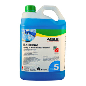 A 5-liter plastic bottle of Agar Bellevue Spray & Wipe Window Cleaner with blue liquid, a green cap, and a white label with green and blue accents, isolated on a white background.