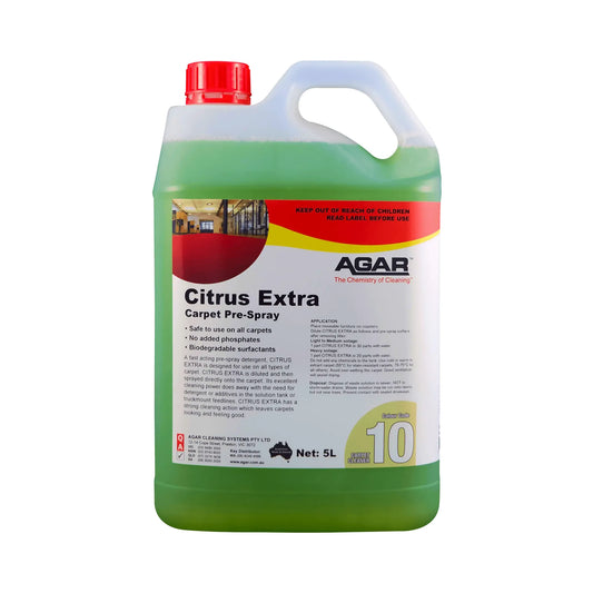 A 5-liter plastic bottle of AGAR Citrus Extra Carpet Pre-Spray in green liquid with a red cap and white label, shown on a plain white background.