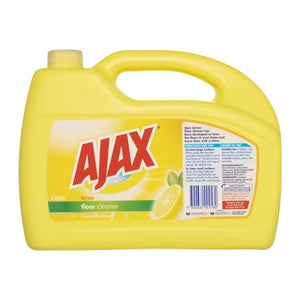 A 3-liter yellow plastic bottle of Ajax lemon floor cleaner with a handle, featuring the red and white Ajax logo on the front label.