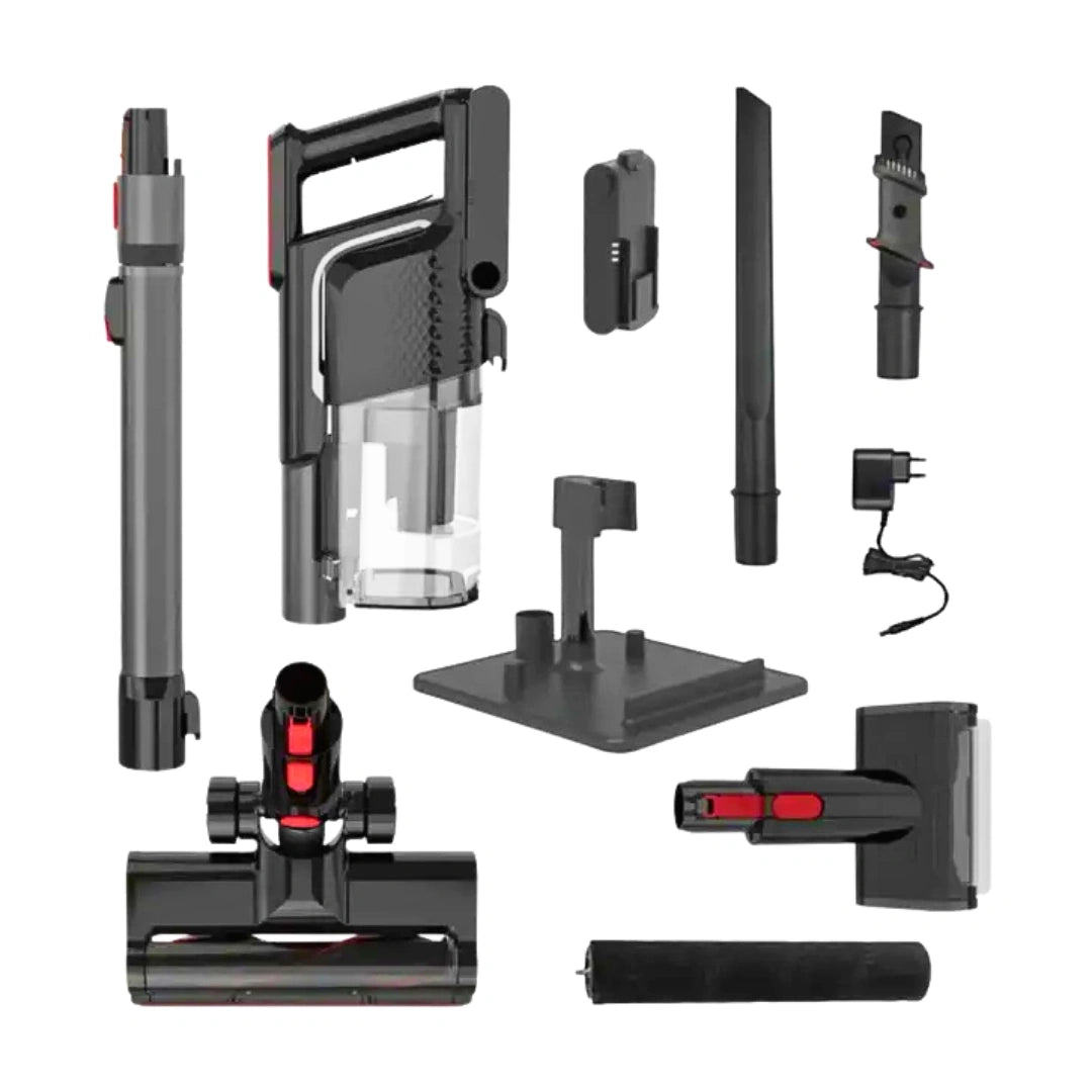 A cordless stick vacuum cleaner kit with multiple accessories and a charging adapter, arranged on a plain white background. The vacuum and included parts are primarily black and dark gray with small red accents.