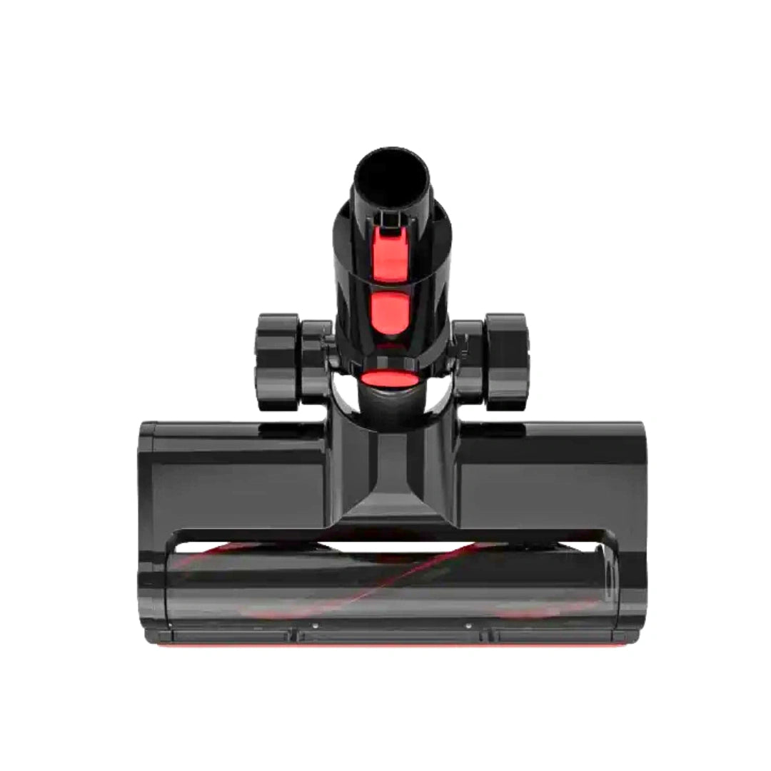 Black vacuum cleaner floor head attachment with red accent buttons and a transparent dust bin, shown on a solid white background.