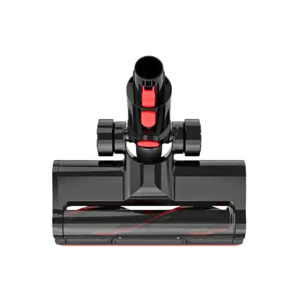 Black vacuum cleaner floor head attachment with red accent buttons and a transparent dust bin, shown on a solid white background.