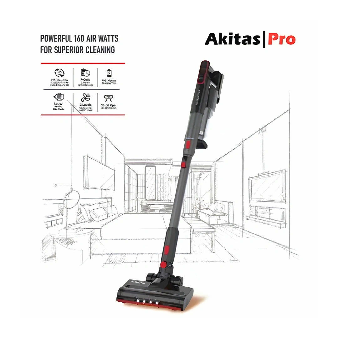 A cordless stick vacuum cleaner shown upright on a white background, with a faint room sketch behind it and marketing text reading 'POWERFUL 160 AIR WATTS FOR SUPERIOR CLEANING' and 'Akitas Pro'.