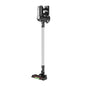 A cordless stick vacuum cleaner with a silver metal wand and black head, shown against a plain white background.