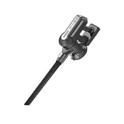 A black and gray vacuum cleaner attachment with a long flexible hose and a motorized head, shown on a plain white background.