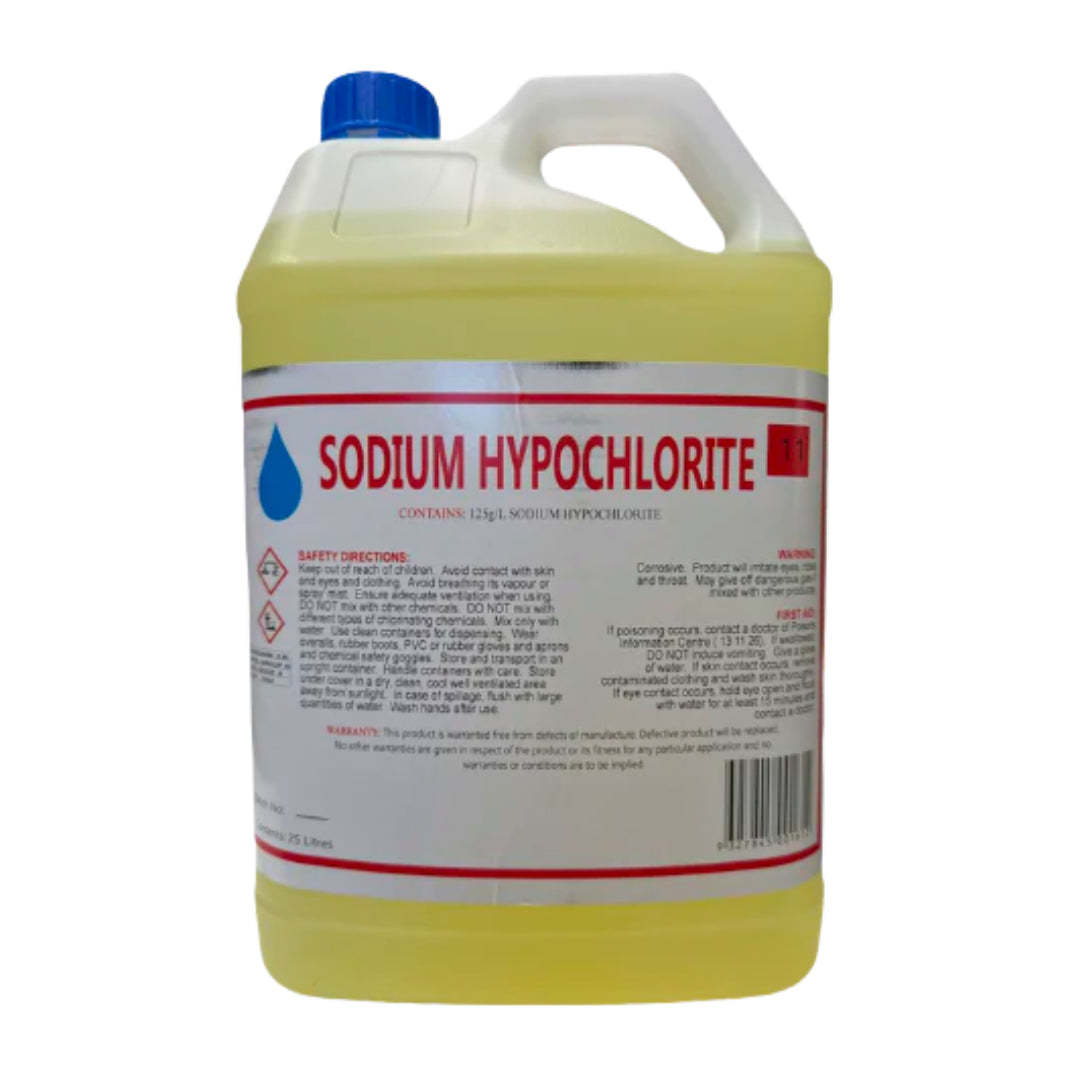 A 1250 mL plastic jug of Sodium Hypochlorite solution, containing a pale yellow liquid, with a blue cap and a white label featuring red text.