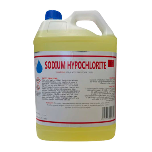 A 1250 mL plastic jug of Sodium Hypochlorite solution, containing a pale yellow liquid, with a blue cap and a white label featuring red text.