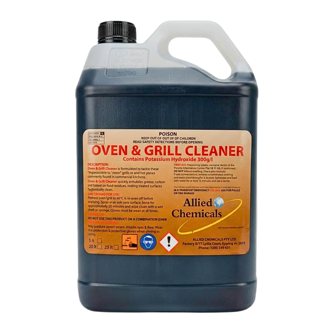 A large plastic jug of Allied Chemicals Oven & Grill Cleaner, 300g/1 gallon, featuring a black cap, translucent white handle, and a tan and orange label with safety information.