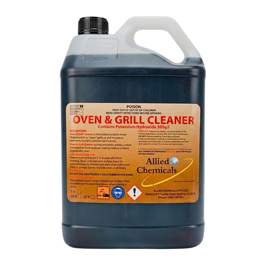 A large plastic jug of Allied Chemicals Oven & Grill Cleaner, 300g/1 gallon, featuring a black cap, translucent white handle, and a tan and orange label with safety information.