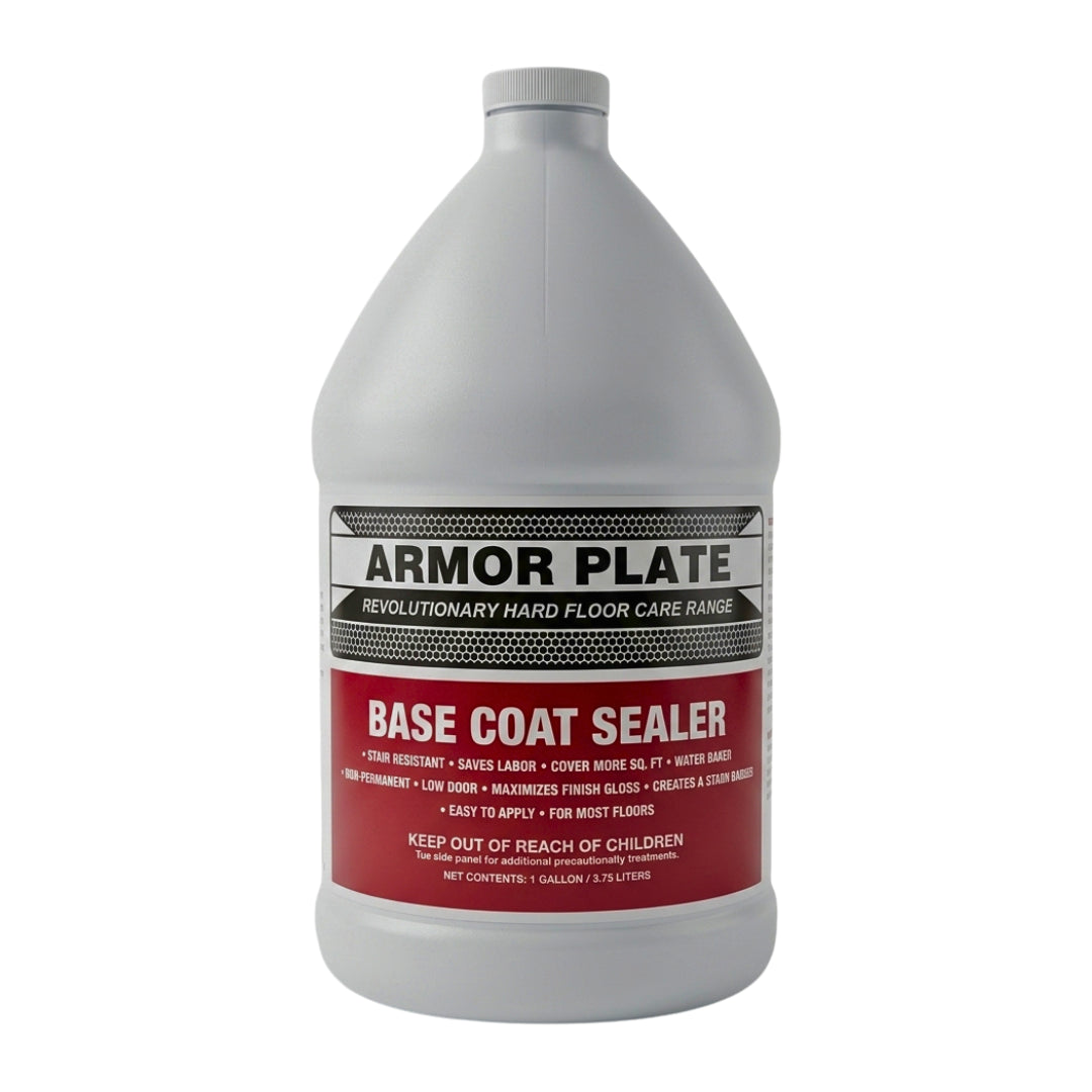 A one-gallon white plastic bottle of Armor Plate Base Coat Sealer with a red and black label, shown on a plain white background.