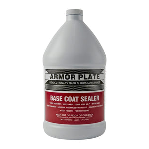 A one-gallon white plastic bottle of Armor Plate Base Coat Sealer with a red and black label, shown on a plain white background.