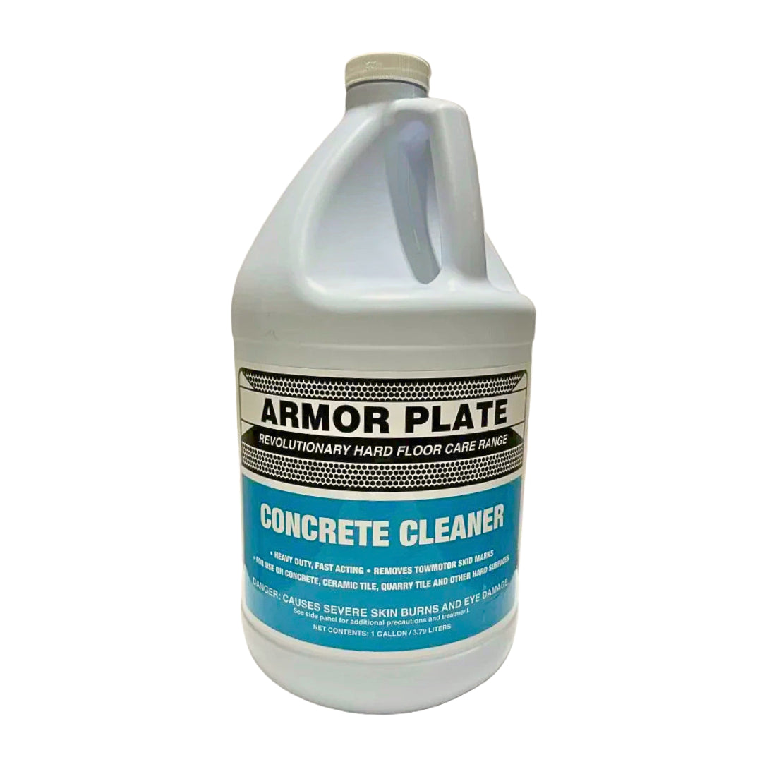 A one-gallon plastic jug of Armor Plate Concrete Cleaner, featuring a white body, a ribbed beige cap, and a label with black, white, and bright blue sections.
