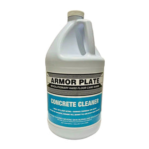 A one-gallon plastic jug of Armor Plate Concrete Cleaner, featuring a white body, a ribbed beige cap, and a label with black, white, and bright blue sections.