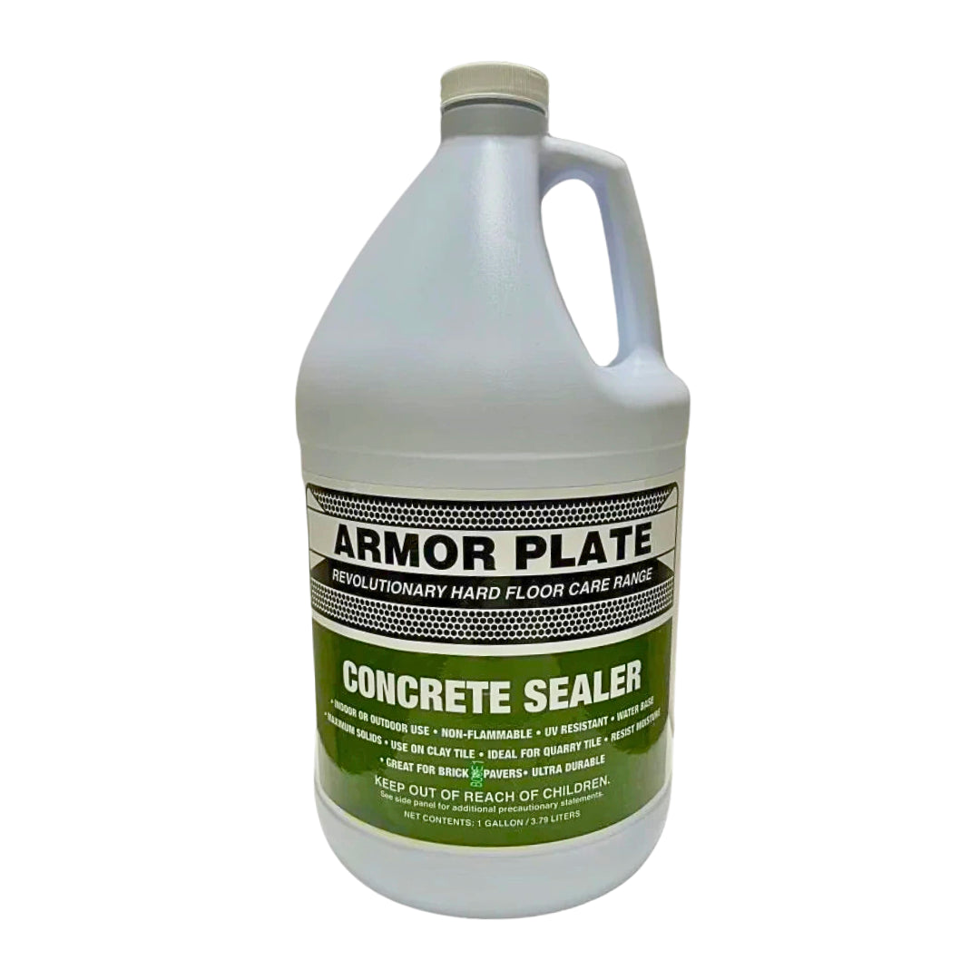 A gallon jug of Armor Plate Concrete Sealer on a plain white background.